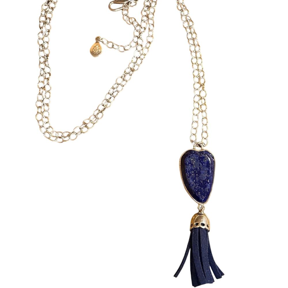 Barse Necklace Sterling Silver and Lapis Heart w/ Blue Tassel 32 In. Oval Linked